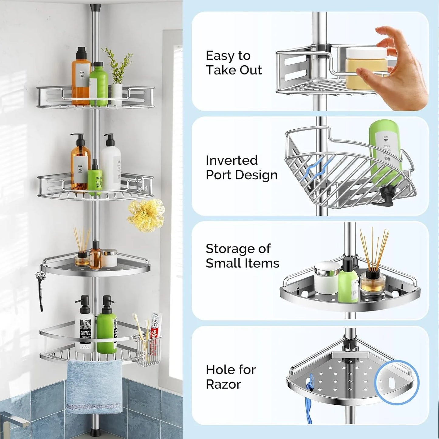 Corner Shower Caddy Tension Pole Quick Installation Four Tier Rustproof Bathroom Organizer Shelves for Shampoo and Bathtub Storage