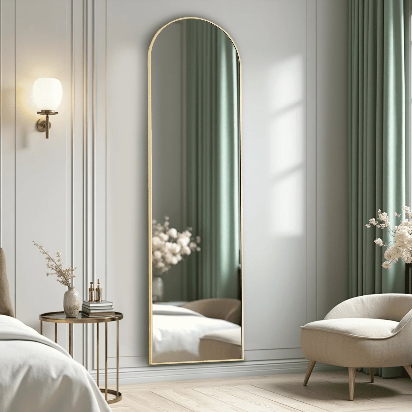 59 Inch Arched Full Length Floor Mirror with Bracket Aluminum Alloy Gold Finish