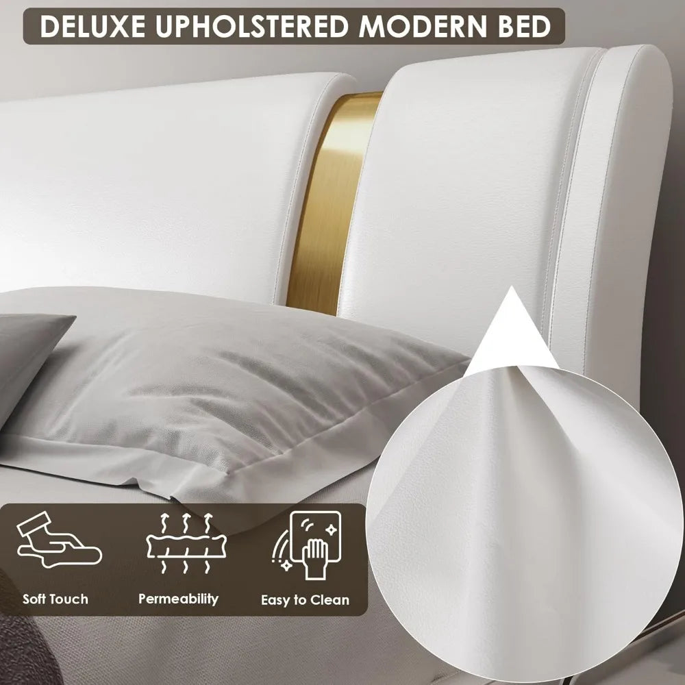 TTVIEW Modern Faux Leather Upholstered Platform Bed Frame with Golden Iron Metal Decor, Adjustable Curved Headboard, Wooden Slat