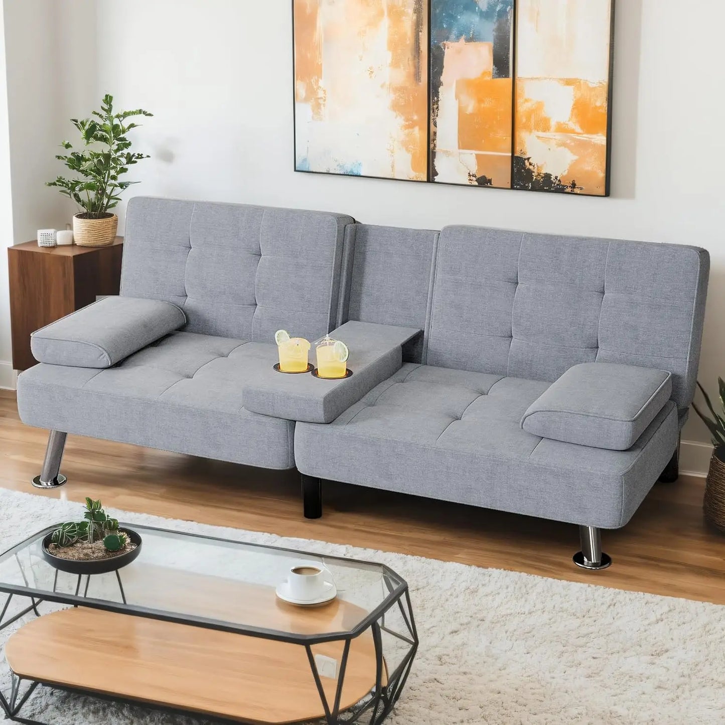 Ticify Modern Linen Convertible Futon Sofa Bed With Removable Armrests