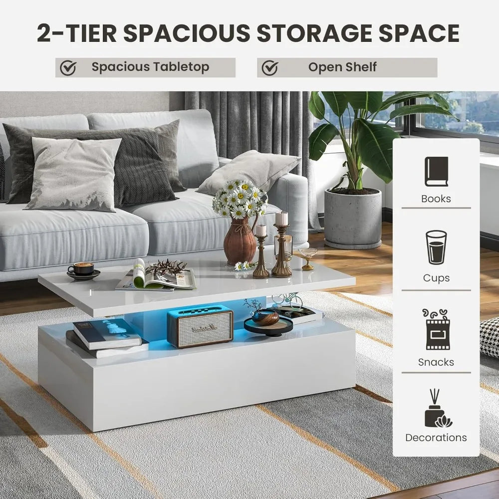 LED Coffee Table Modern High Gloss Coffee Table with 20 Color LED Lights Adjustable Speed and Brightness Remote Control Open Shelf