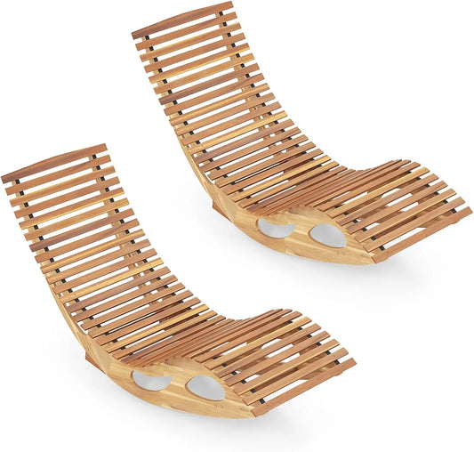 Outdoor Acacia Wood Rocking Chaise Lounge Chair Set of 2 with Slatted Backrest and Seat