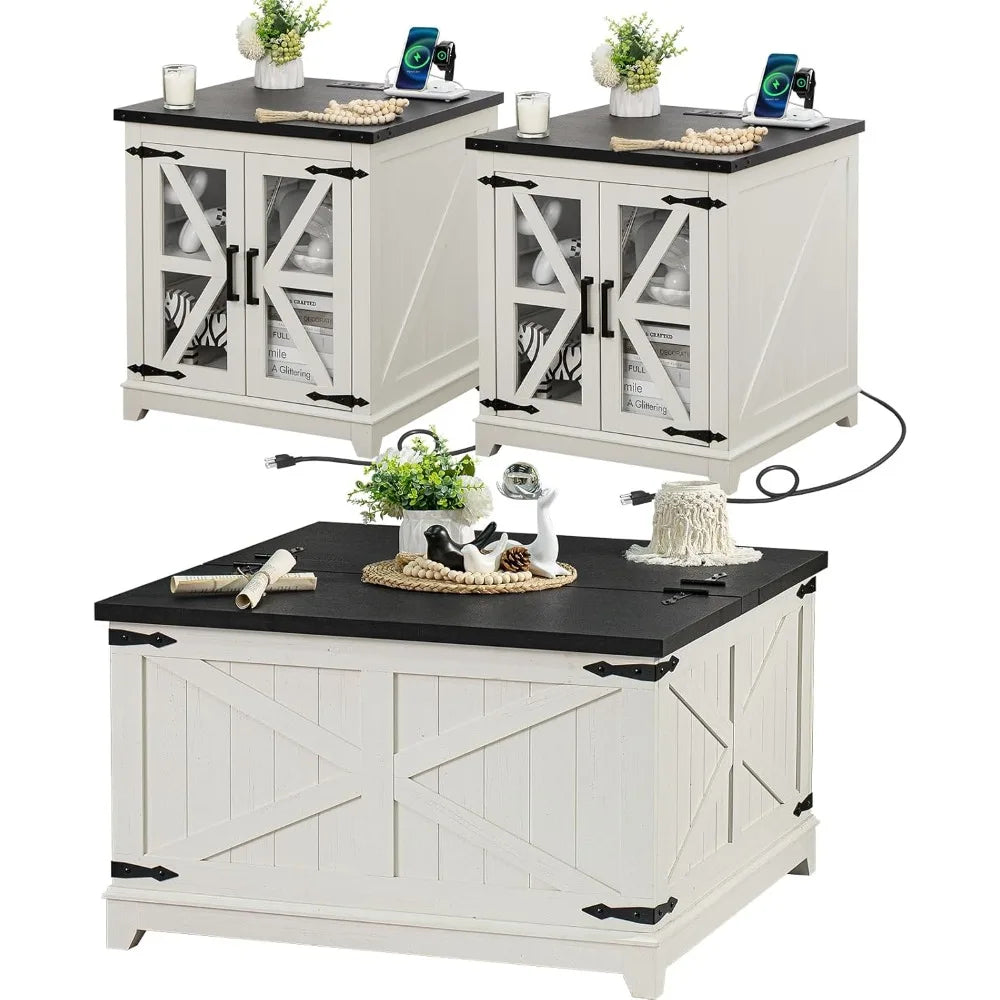 Farmhouse Coffee Table Set 3 Pieces Large End Side Tables with Charging Station and Hidden Storage Compartments