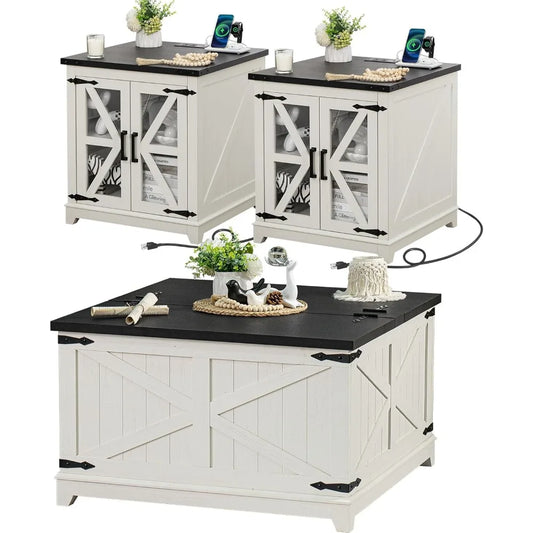 Farmhouse Coffee Table Set 3 Pieces Large End Side Tables with Charging Station and Hidden Storage Compartments