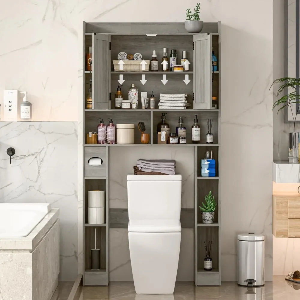 Farmhouse Storage Cabinet Over Toilet with Barn Doors Space-Saving Toilet Rack