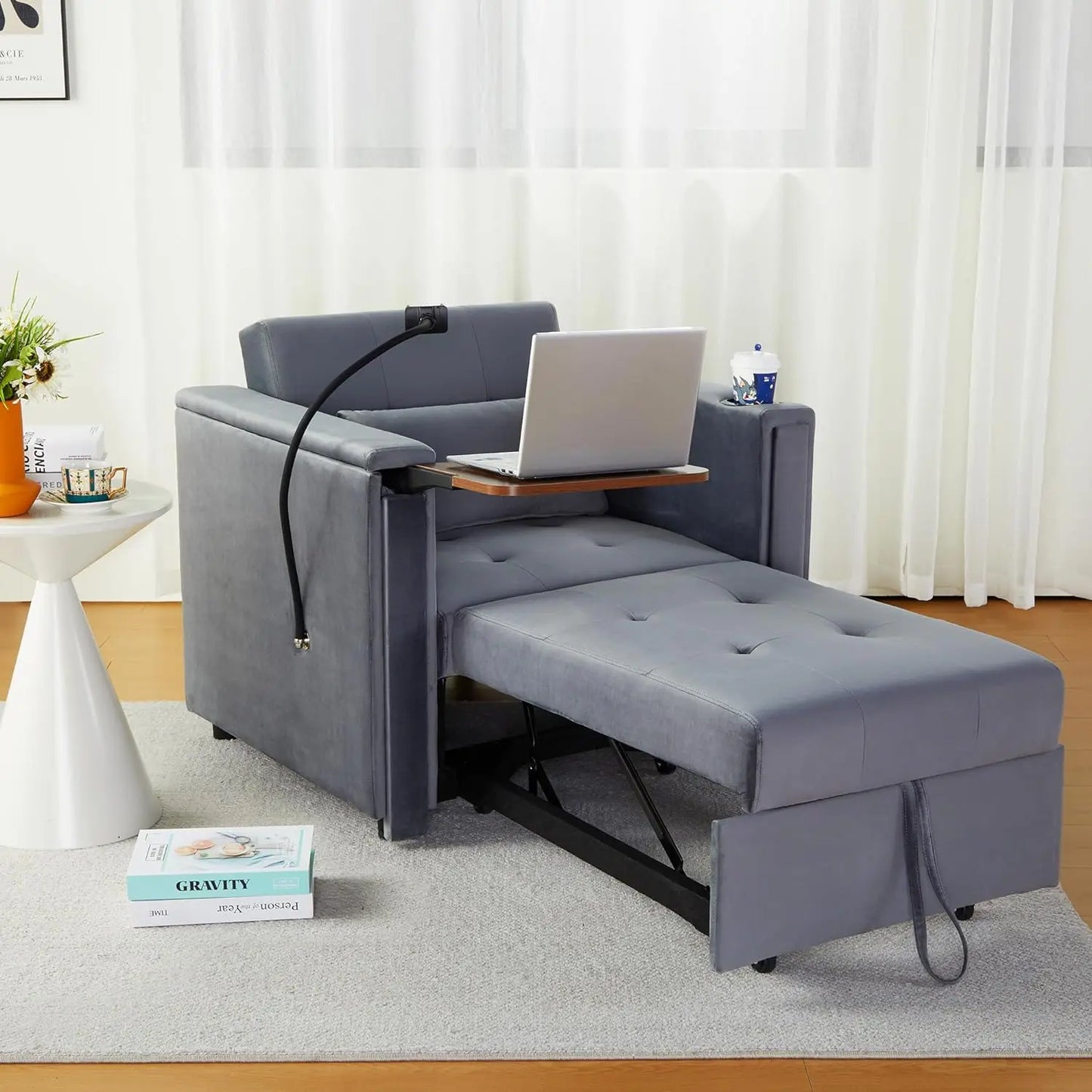 Velvet Convertible Chair Bed, 3 in 1 Multi-Functional Sleeper