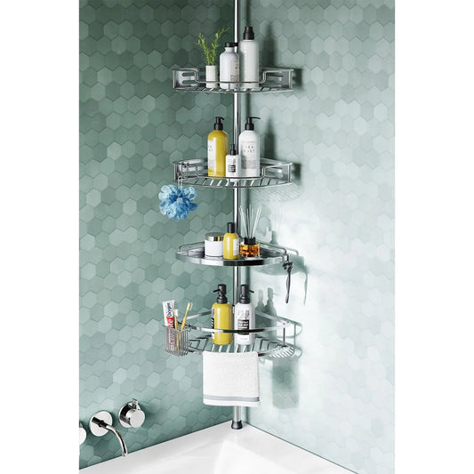 Corner Shower Caddy Tension Pole Quick Installation Four Tier Rustproof Bathroom Organizer Shelves for Shampoo and Bathtub Storage