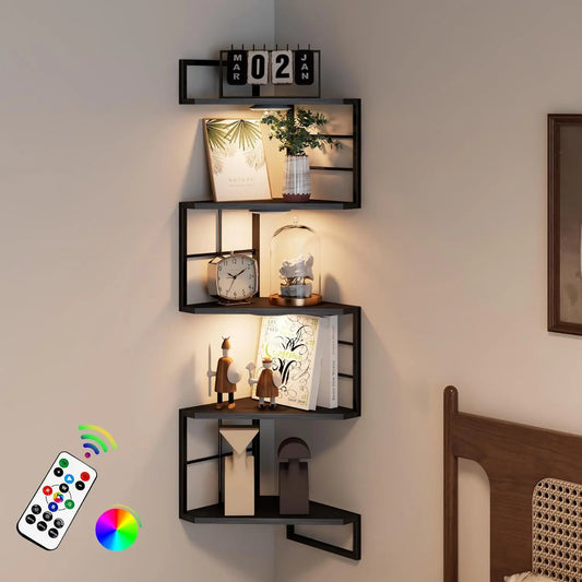 Floating Corner Shelves with Light - 5 Tier Metal Corner Shelf Wall Mounted for Bedroom Living Room Office Kitchen