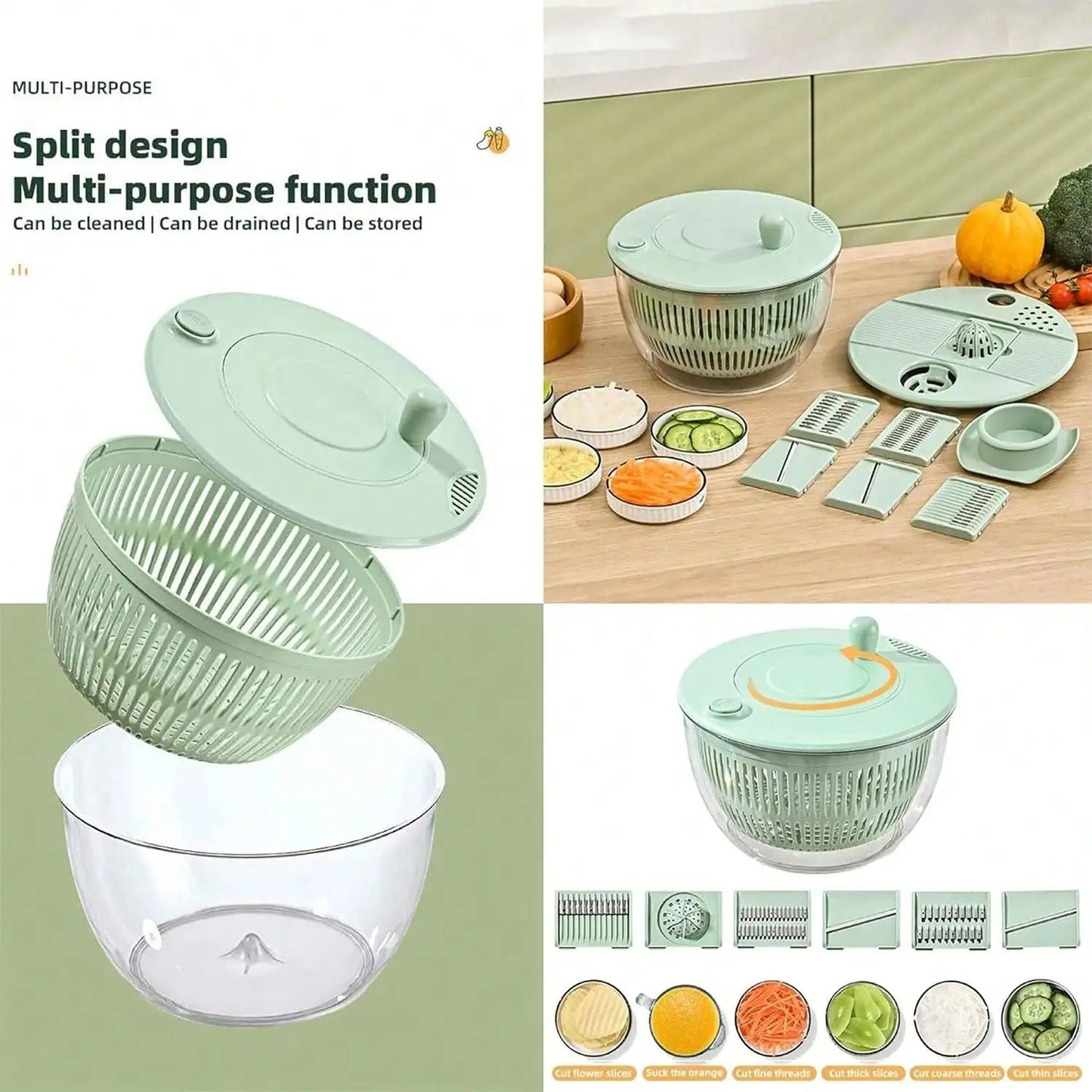 Salad Spinner with Lid Fresh Green 2-in-1 Wash Dehydrate and Dry Vegetables Fruits Salads Built-in Drain Function