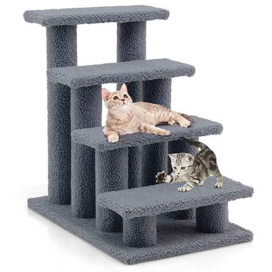 24 Inch 4 Step Pet Stairs Carpeted Ladder Ramp with 8 Scratching Post Cat Tree Climber