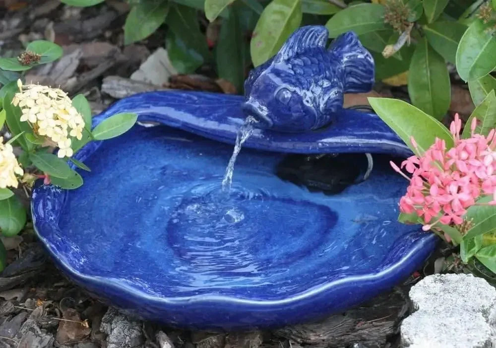 Smart Solar 21372R01 Ceramic Solar Koi Fountain Blue Glazed Finish With Solar Panel and Low Voltage Pump