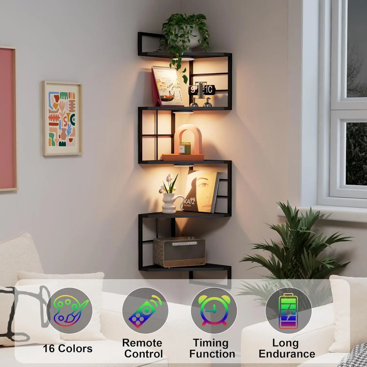 Floating Corner Shelves with Light - 5 Tier Metal Corner Shelf Wall Mounted for Bedroom Living Room Office Kitchen