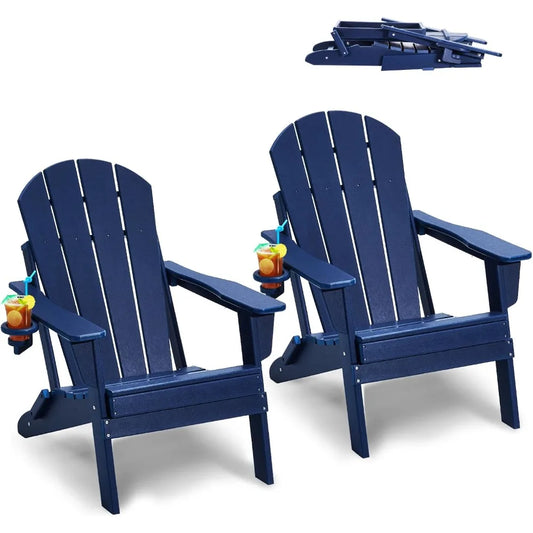 Folding Adirondack Chairs Set of 2 with Cup Holder All Weather Portable Plastic Fire Pit Chair Outdoor Adirondack Patio Chair