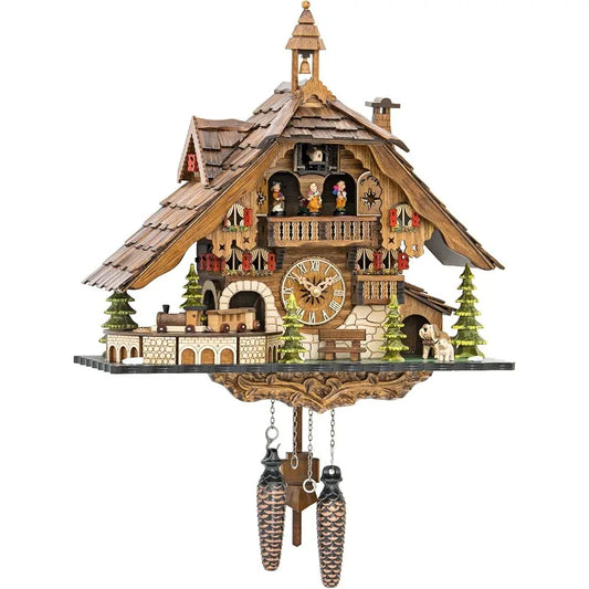 Quartz Cuckoo Clock Black Forest House with Train Music EN 48110 QMT