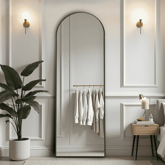 59 Inch Arched Full Length Floor Mirror with Bracket Aluminum Alloy Gold Finish