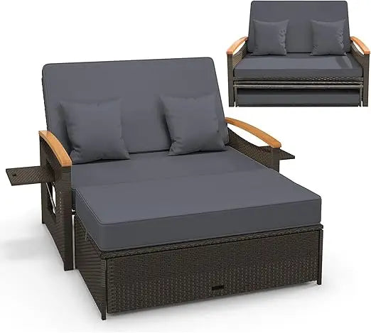Patio Rattan Daybed Set with Cushioned Loveseat and Storage Ottoman Outdoor Double Chaise Lounger with Adjustable Back