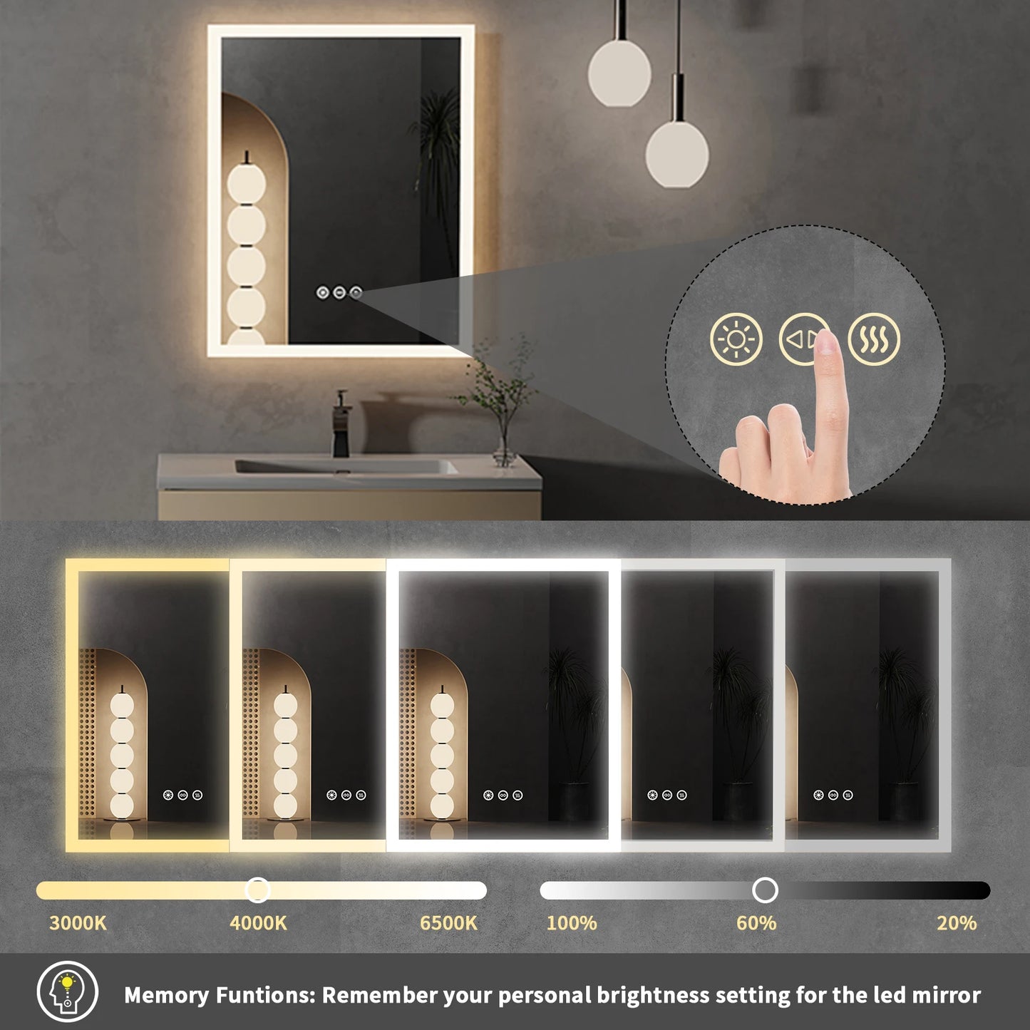 16x20 Inch LED Lighted Bathroom Mirror with Anti Fog Wall Mounted Vanity Mirror with Smart Touch Button and Memory Function