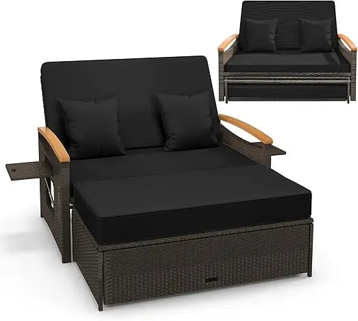 Patio Rattan Daybed Set with Cushioned Loveseat and Storage Ottoman Outdoor Double Chaise Lounger with Adjustable Back