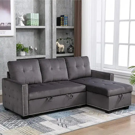 78.5 Inch Linen L Shaped Convertible Sofa Bed with Reversible Storage Chaise and Pull Out Sleeper Sofabed