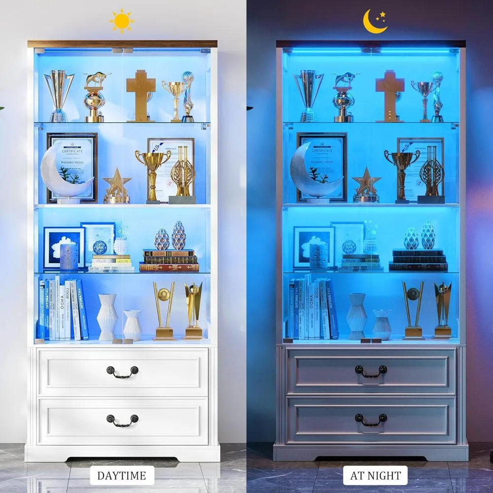 Display Cabinet with Glass Doors 67 Inch Adjustable Display Shelf 2 Drawers and 4 Tier Curio Cabinet Tall Bookcase with 3 Color Options