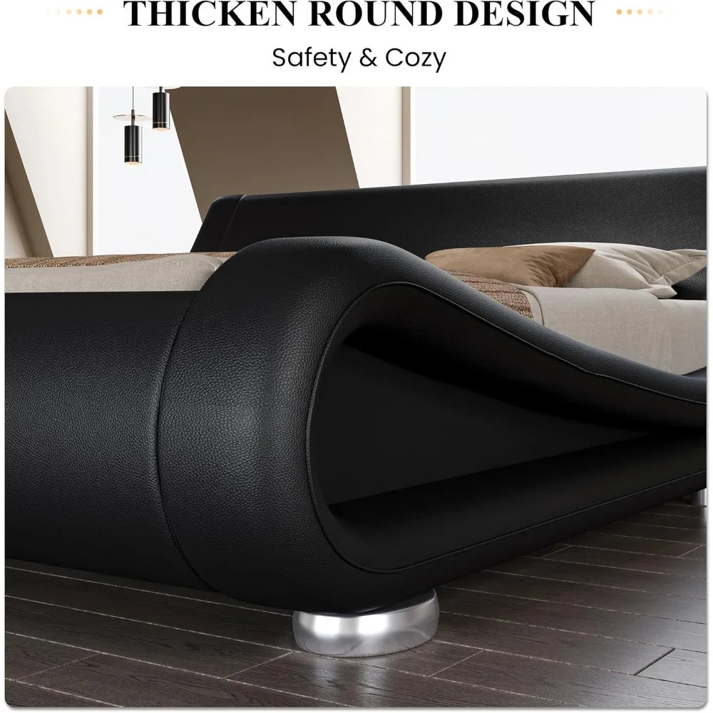 Folded Faux Leather Bed Frame With Ergonomic Headboard