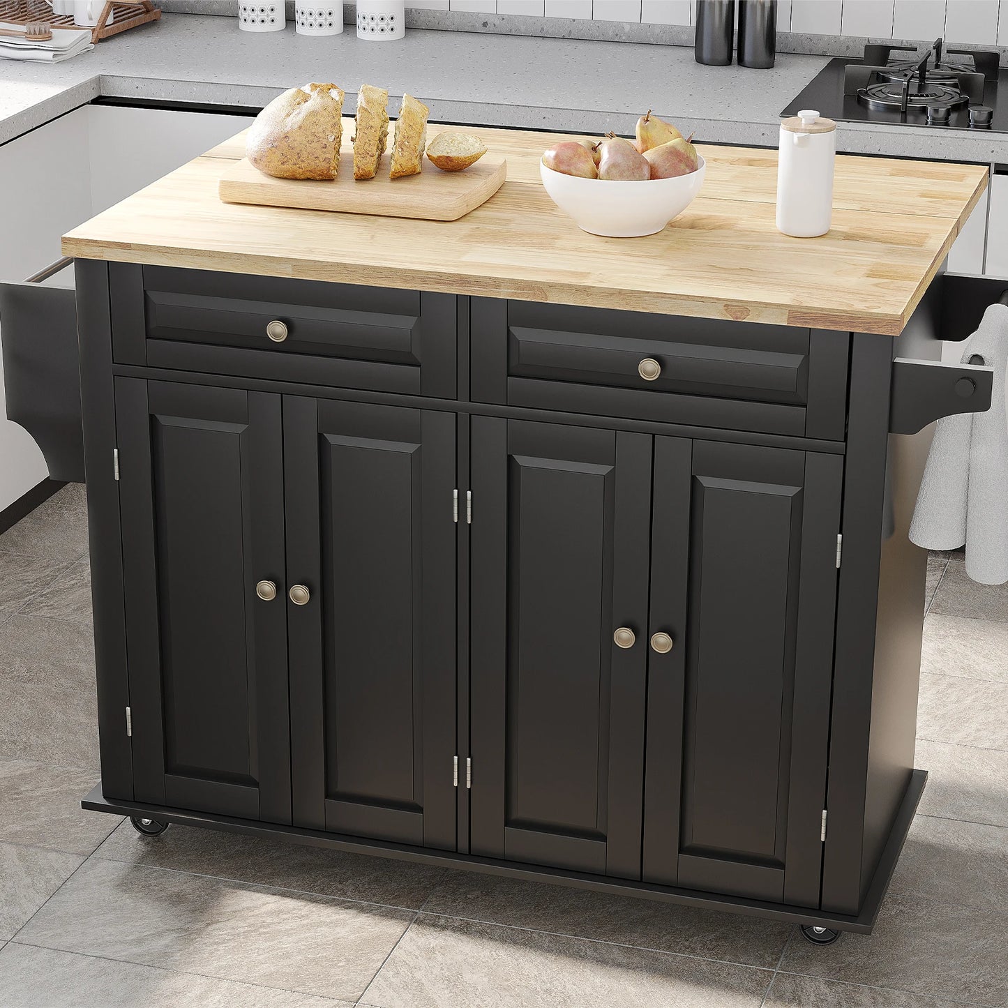 Rolling Kitchen Cart with Drop Leaf and Storage Cabinet