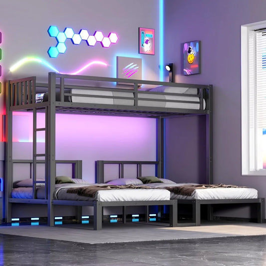 HUANZHUANG Triple Bunk Bed With Led Lights Metal Frame