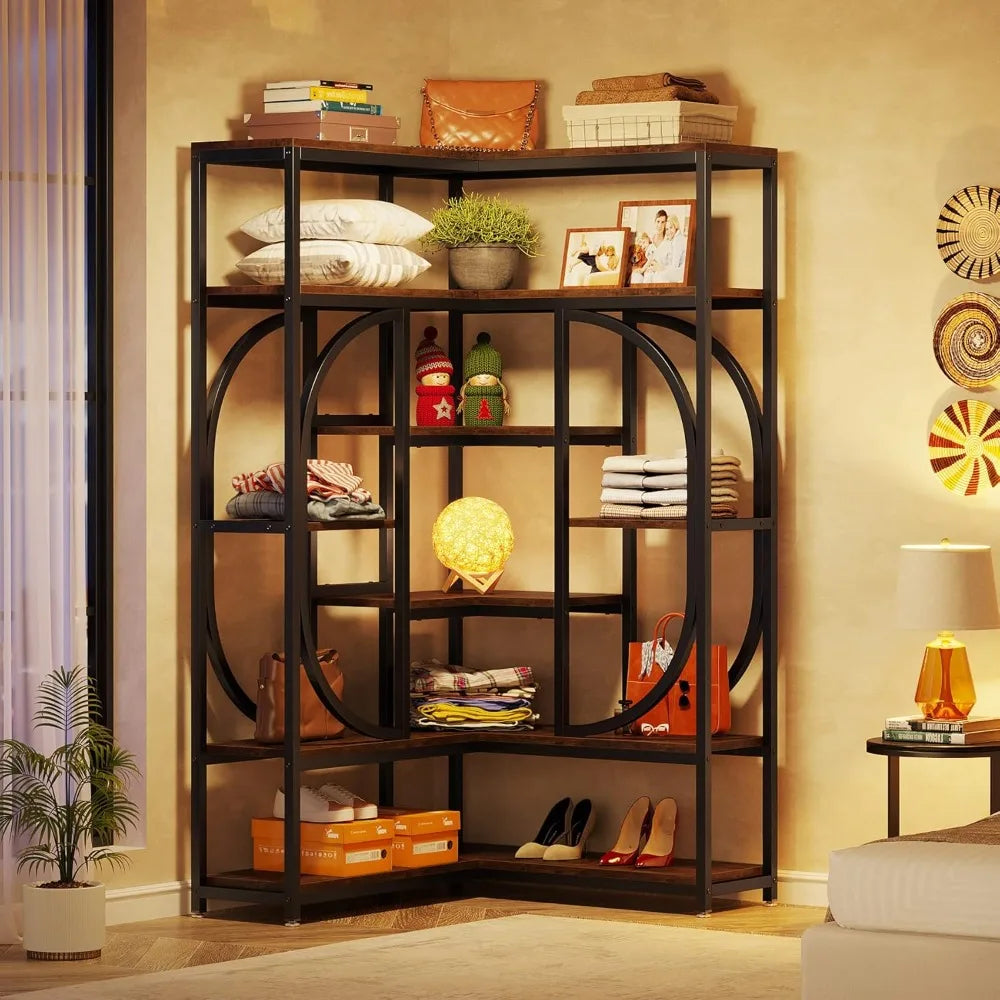 L Shaped Corner Bookshelf With Metal Frame For Storage