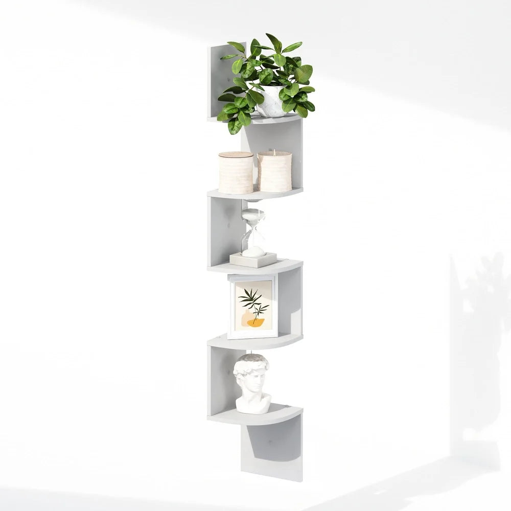5-Tier Floating Corner Shelf Wall Mount Storage Display Unit Indoor Use Durable Composite Wood Easy Assembly
