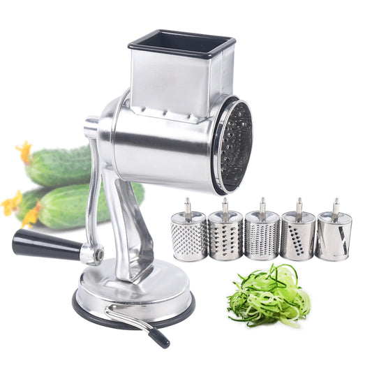 Stainless Steel Rotary Vegetable Cheese Grater Potato Slicer Handheld Grater with 5 Dishwasher Safe Blades