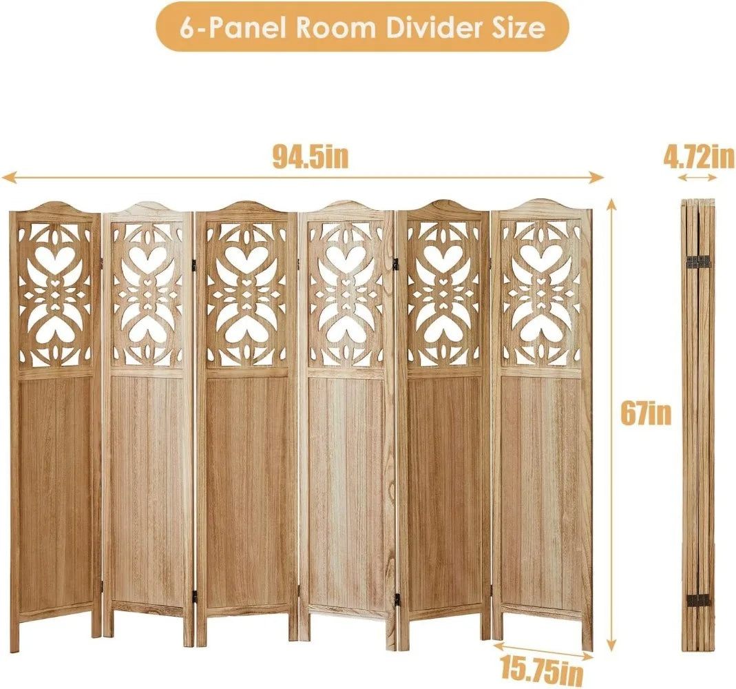 6 Panel Room Divider Fully Assembled Carved Wood Screen
