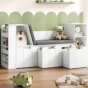 61.5" Kids Reading Nook with 3-Layer Bookshelf, Reading Nook for Kids with Double Bench and Rolling Drawers, Bookshelf and Toy S