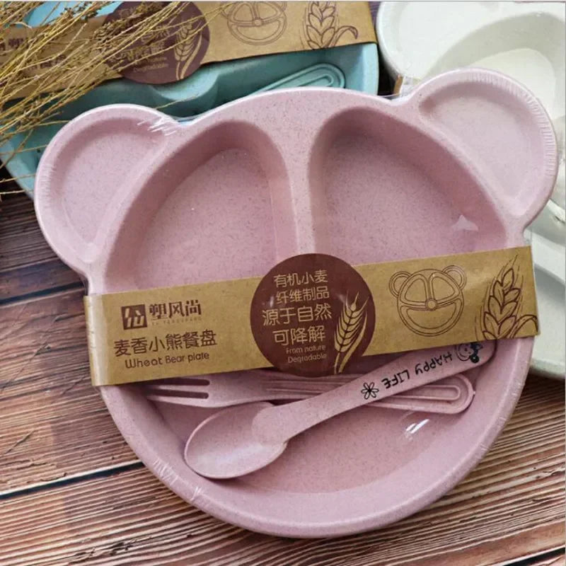 3 Piece Set Wheat Straw Tableware Cartoon Bear Kids Dinnerware Set Baby Plates Forks and Spoons