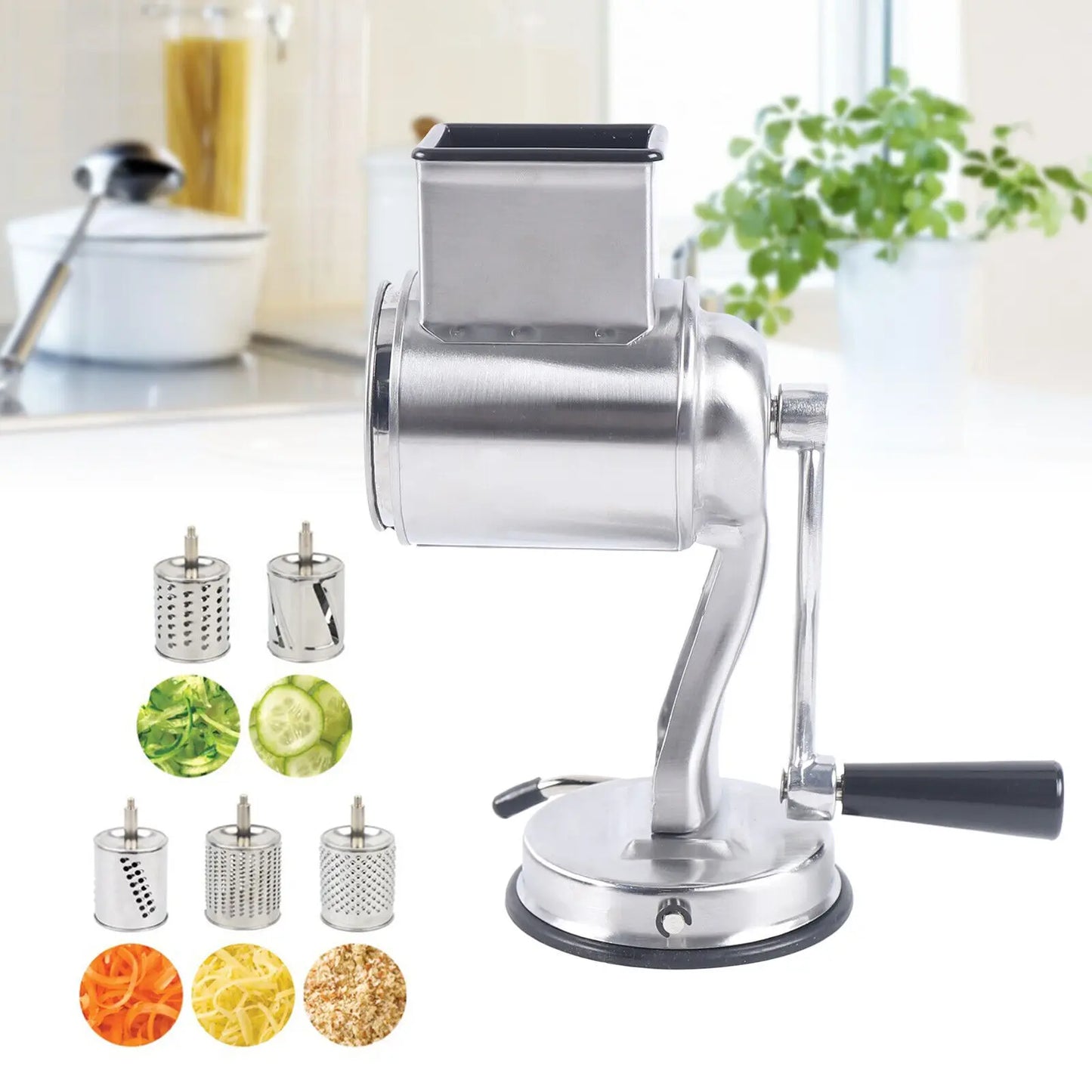 Stainless Steel Rotary Vegetable Cheese Grater Potato Slicer Handheld Grater with 5 Dishwasher Safe Blades