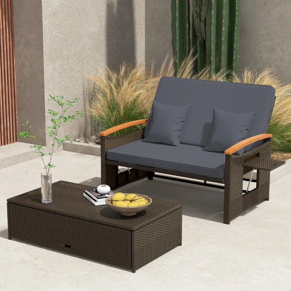 Patio Rattan Daybed Set with Cushioned Loveseat and Storage Ottoman Outdoor Double Chaise Lounger with Adjustable Back