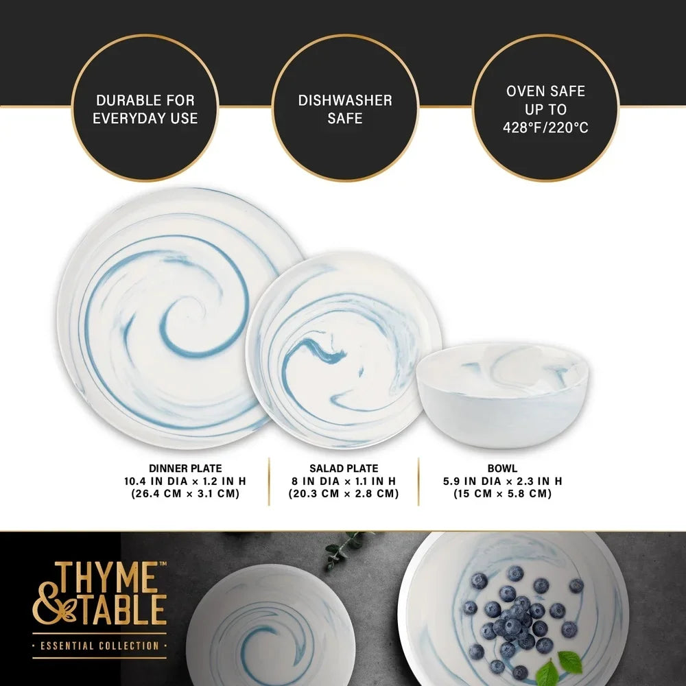 12 Piece Blue Marble Stoneware Dinnerware Set Microwave Safe Dishwasher Safe Kitchen Tableware