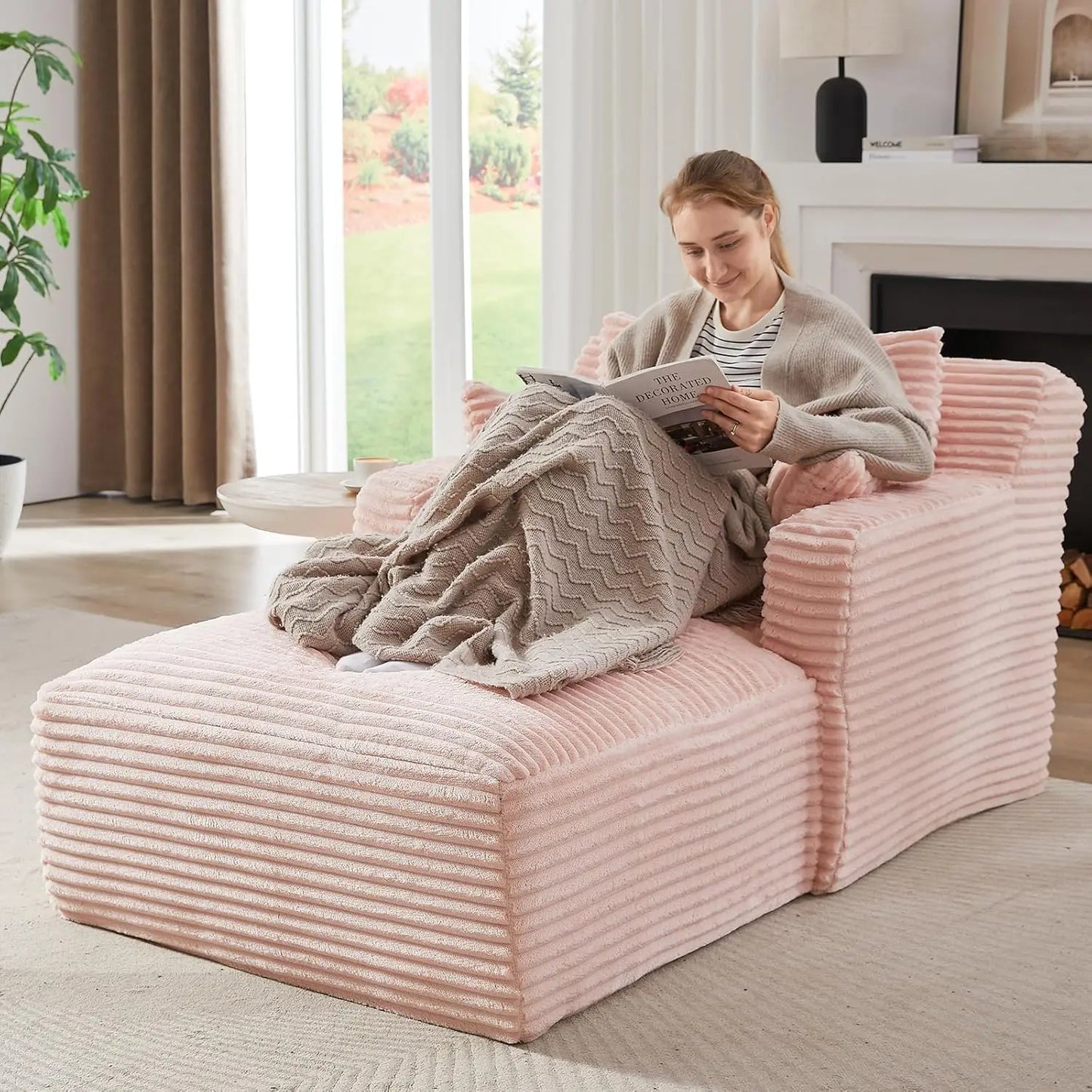 Chaise Lounge Chair Indoor, Upholstered Corduroy Single Lounge Sofa Couch, Comfy Reading Recliner Sleeper Sofa Chair Bed with A