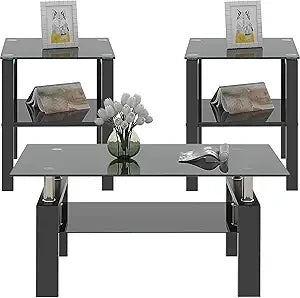 Glass Coffee Table 3-Piece Set With Metal Frames End Tables