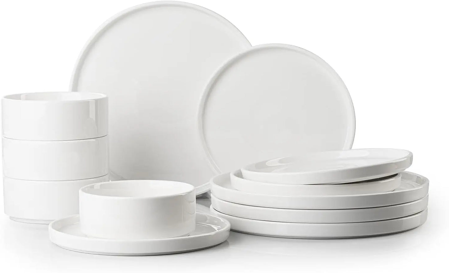 12 Pieces Plates and Bowls Sets,White Dish Set for 4,Premium Serving Dinnerware Sets, Chip and Scratch Resistant Dishware Sets K