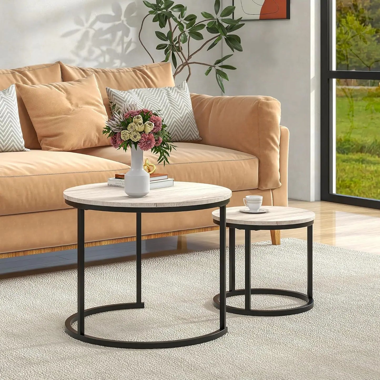Hign-concerned Round Nesting Coffee Table Set Metal Frame