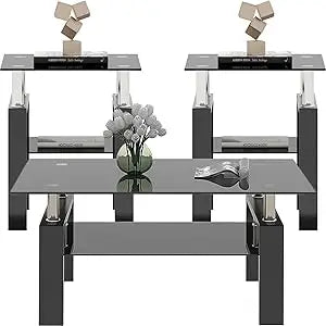 Glass Coffee Table 3-Piece Set With Metal Frames End Tables