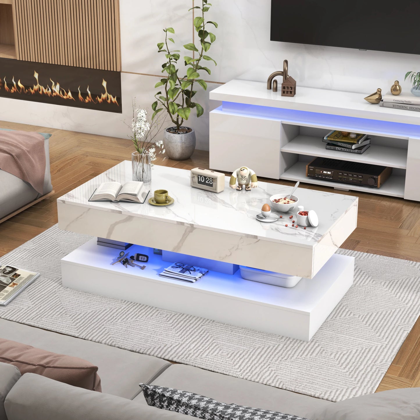 QiaoShiRen Modern LED Coffee Table With Double Layer Drawers