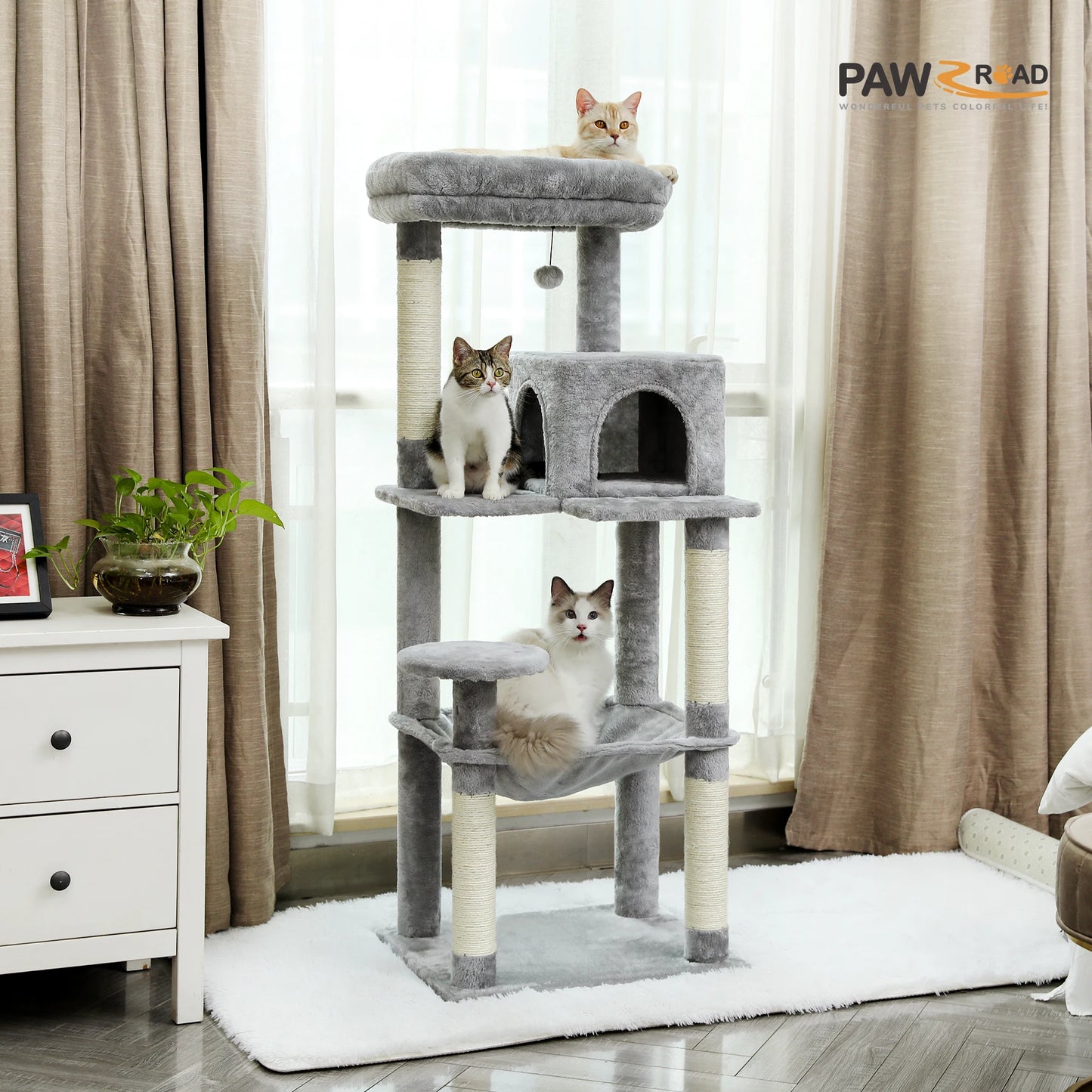 Cat Tree for Indoor Cats 5 Level Cat Tower with Large Hammock and Sisal Covered Scratching Posts Cozy Condo and Top Perch
