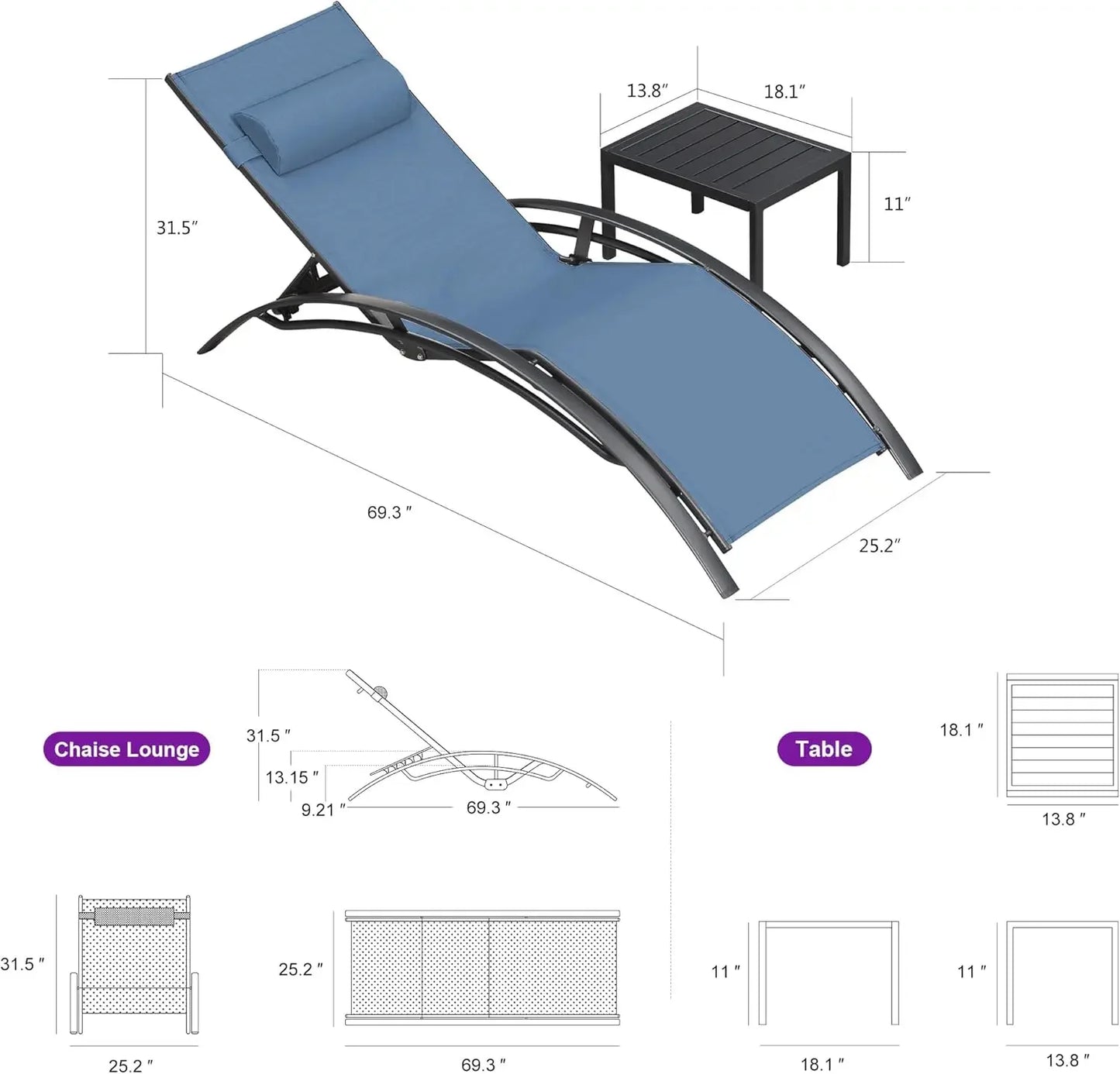 Patio Chaise Lounge Set of 3 Outdoor Lounge Chairs with Arm for Beach Pool Sunbathing Lawn Lounger Recliner All Weather Indigo