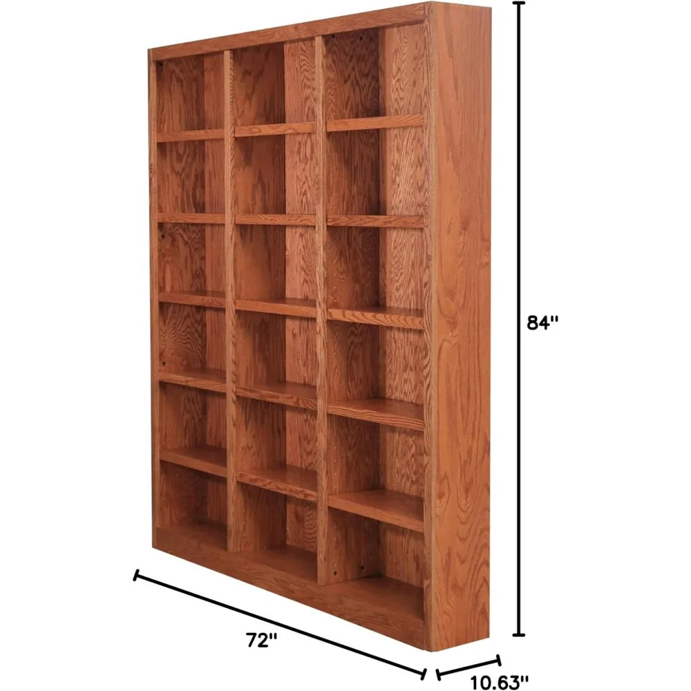 Traditional 84 Inch Tall 18 Shelf Triple Wide Wood Bookcase in Dry Oak