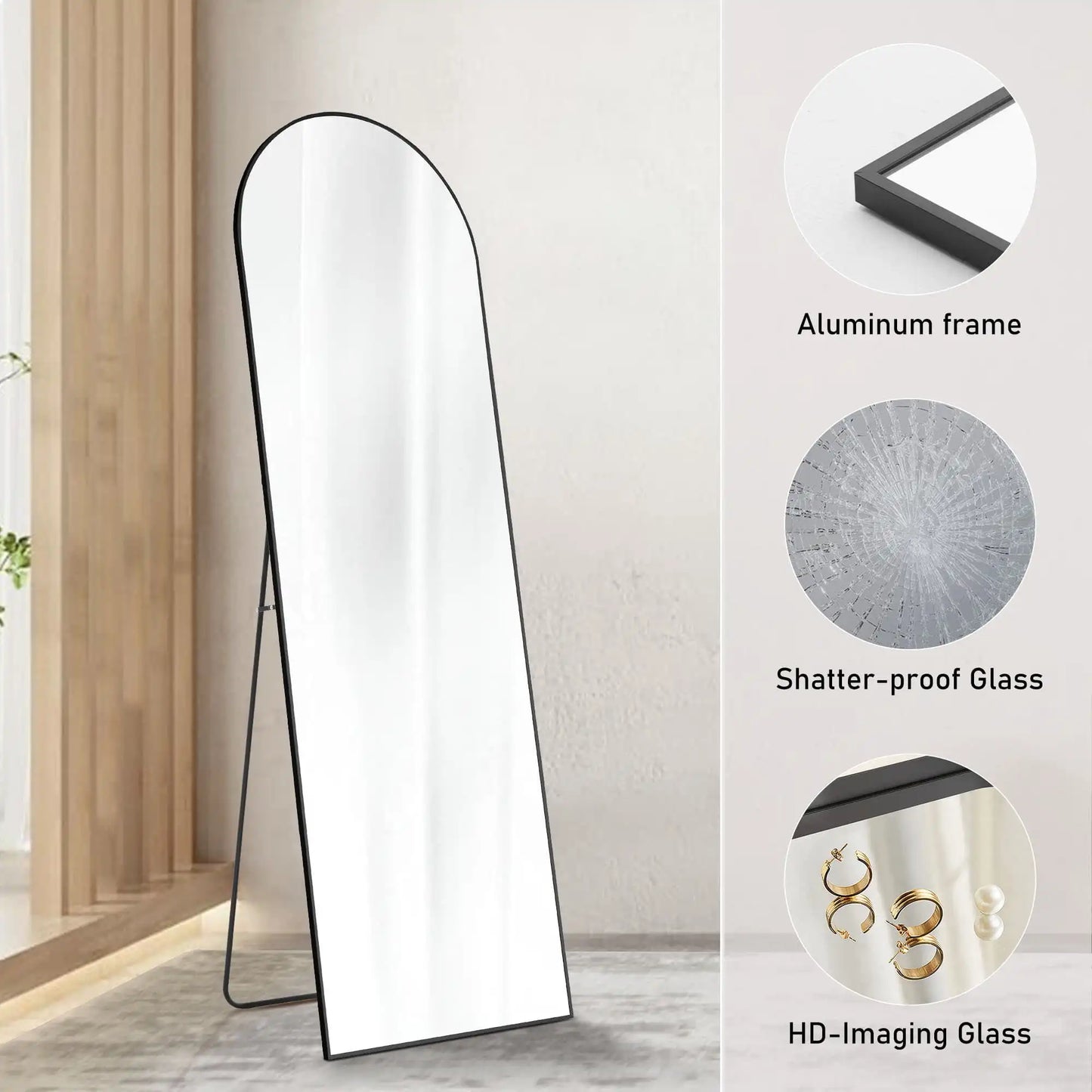 59 Inch Arched Full Length Floor Mirror with Bracket Aluminum Alloy Gold Finish
