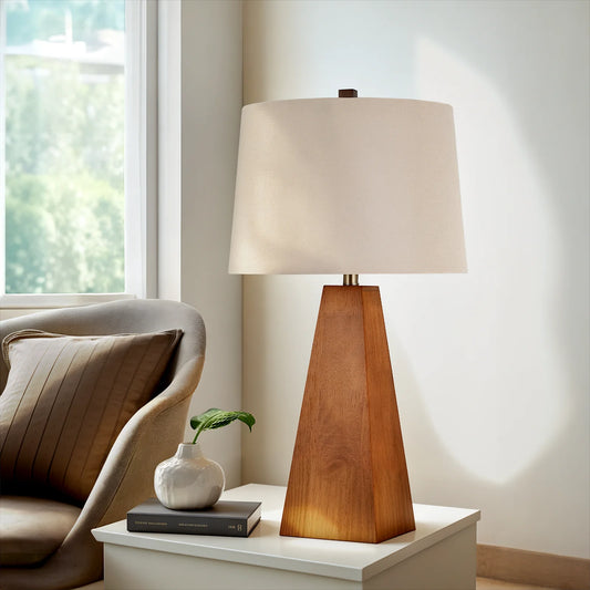 STANBOW Walnut Wood Table Lamp With Linen Shade Modern