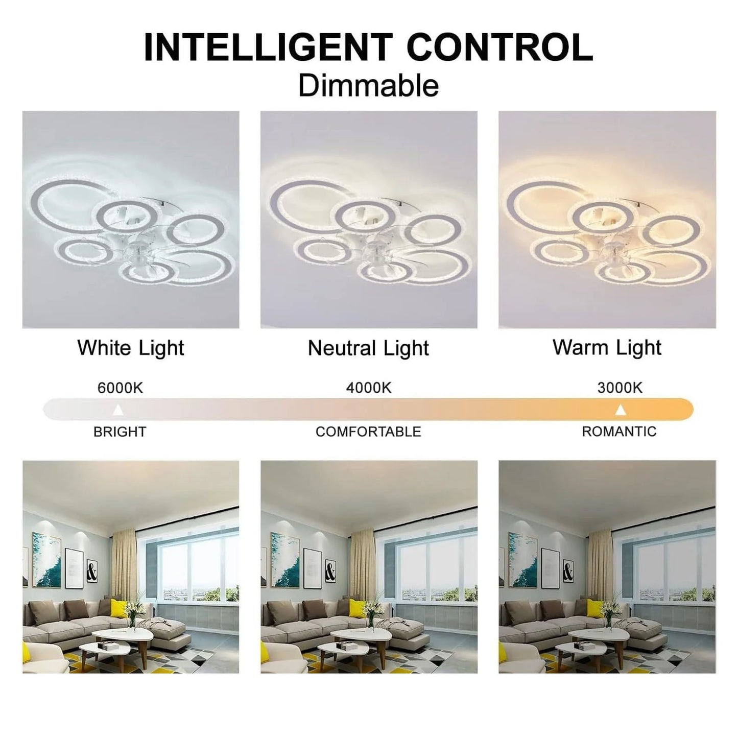 Ceiling Fan Light LED Nordic Modern Ceiling Fan Lamp 6 Rings for Bedroom Living Room Dining Room