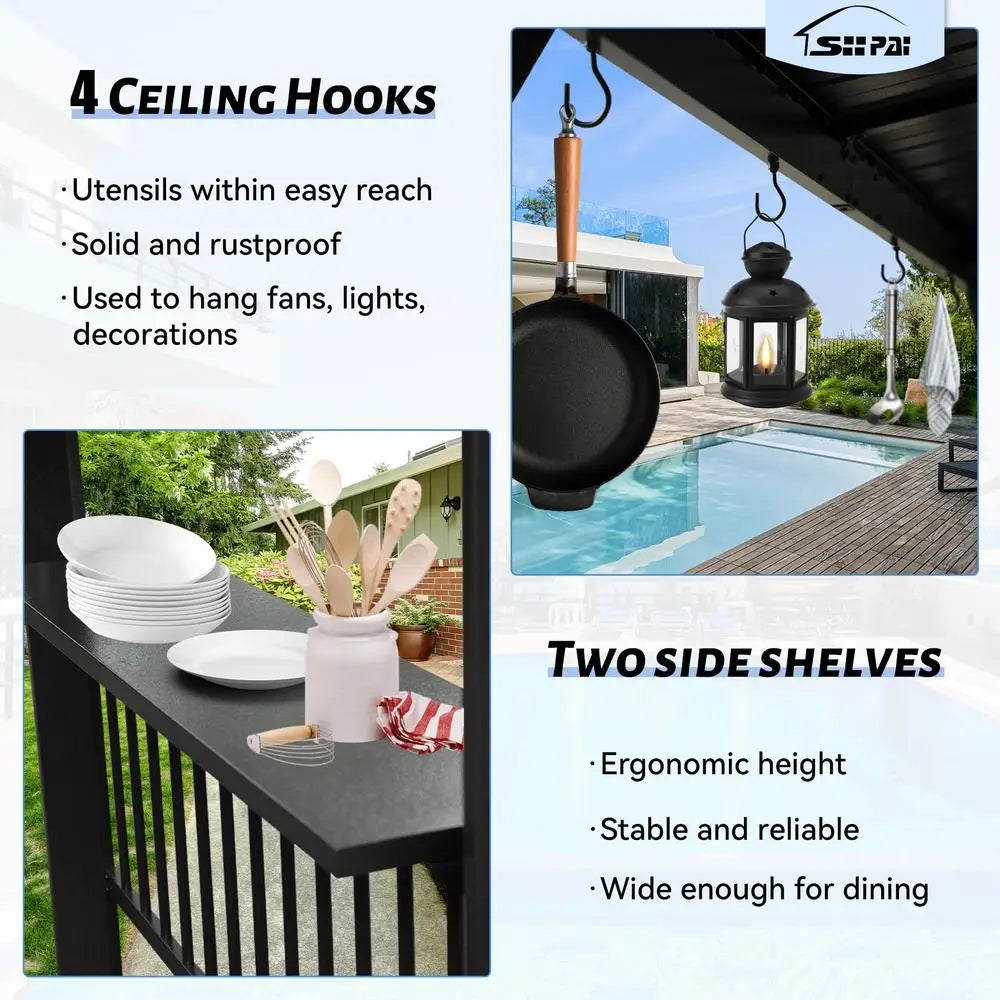 6.5x12FT Hardtop Grill Gazebo All Weather BBQ Shelter with Side Shelves Ceiling Hooks Galvanized Steel Frame for Outdoor Parties