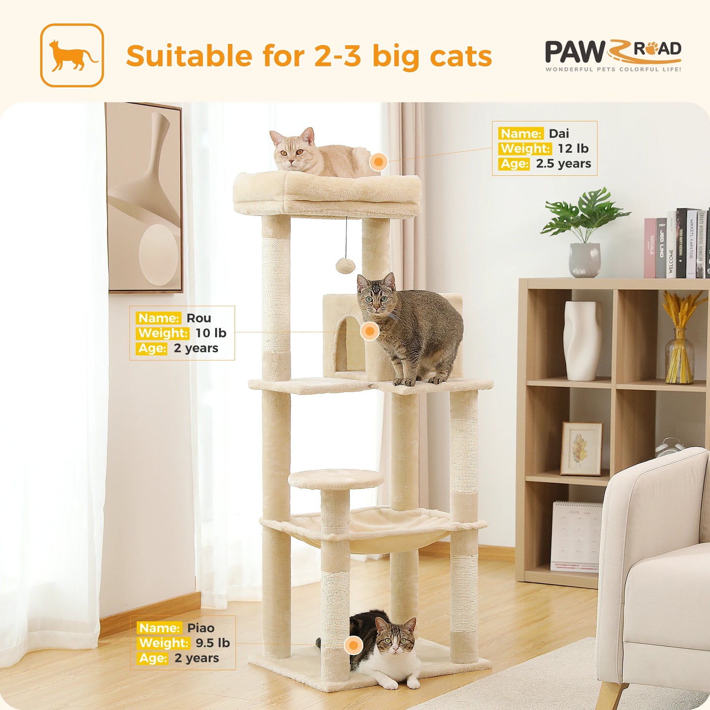 Cat Tree for Indoor Cats 5 Level Cat Tower with Large Hammock and Sisal Covered Scratching Posts Cozy Condo and Top Perch